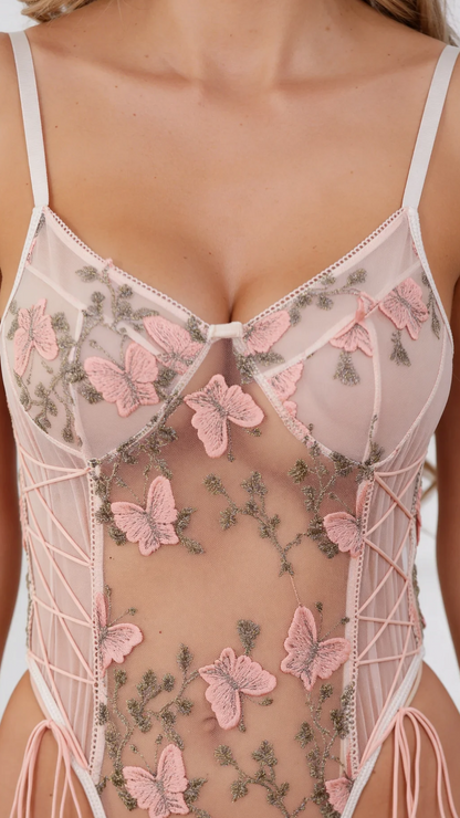 Selene Sheer Mesh Bodysuit with Butterfly Embroidery