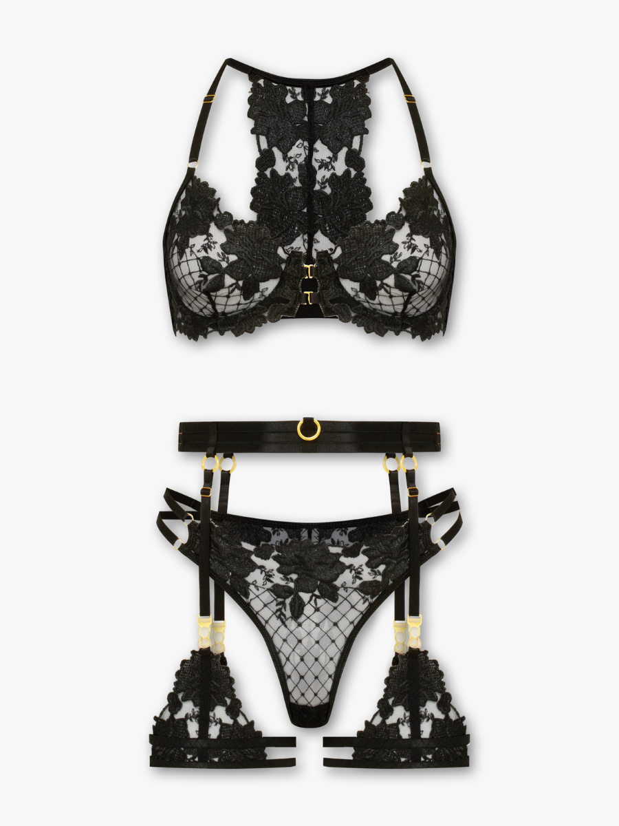 Elodie 4-Piece Embroidered Set with Garter Belt