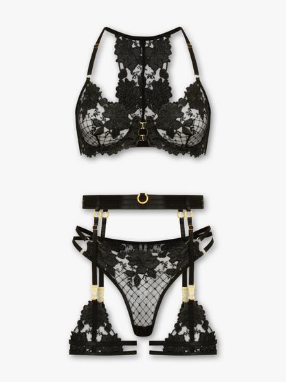 Elodie 4-Piece Embroidered Set with Garter Belt