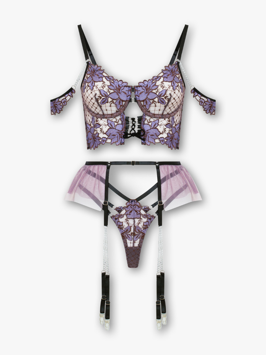 Feline 3-Piece Purple Mesh Set with Garter Belt