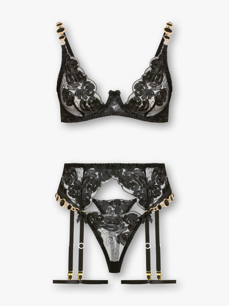 Milana 3-Piece Embroidered Set with Garter Belt