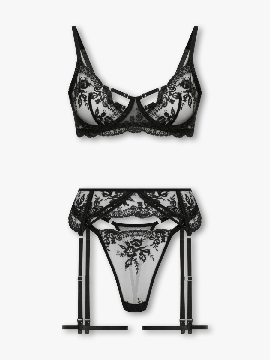 Sasha 4-Piece Embroidered Set with Garter Belt