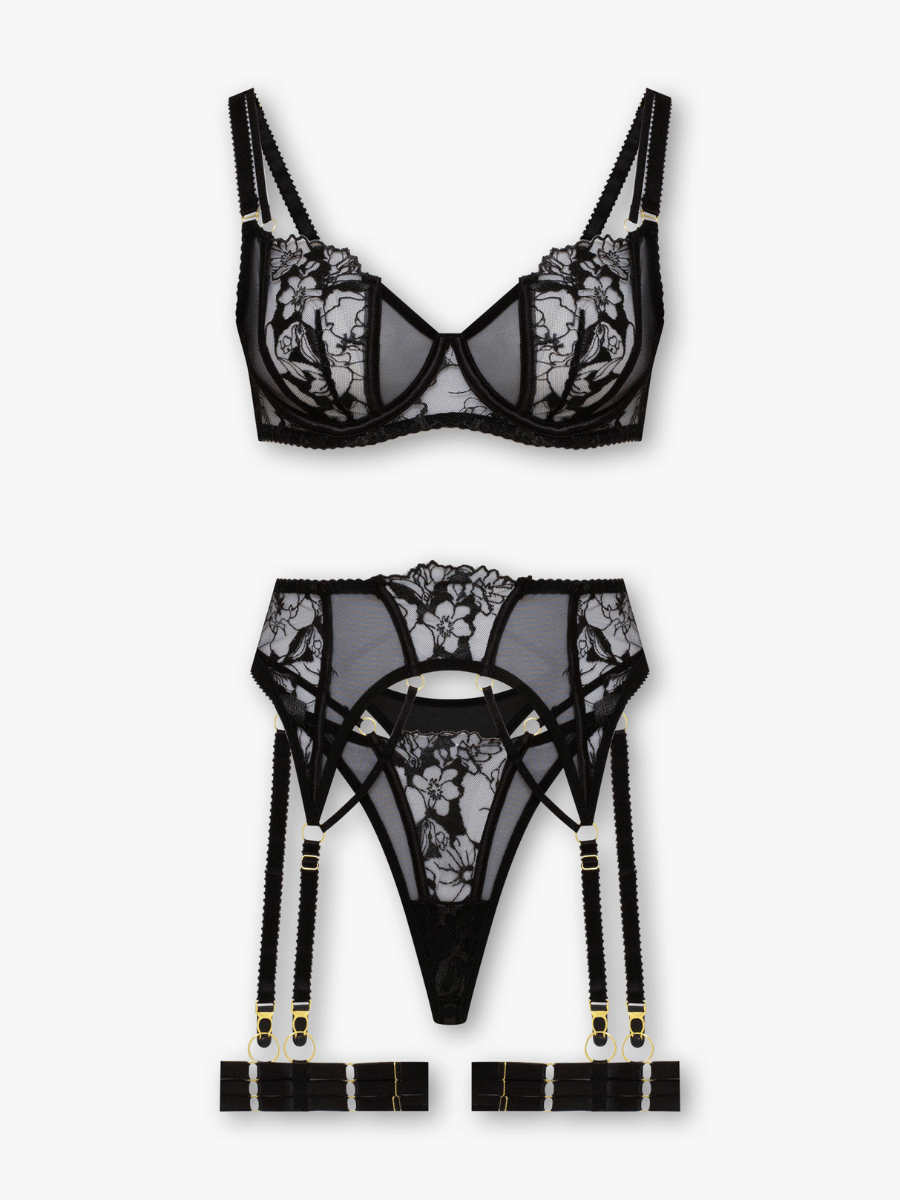 Tara 4-Piece Embroidered Lace Set with Garter Belt