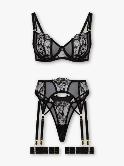 Tara 4-Piece Embroidered Lace Set with Garter Belt