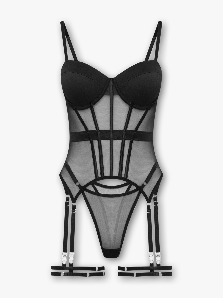 Yara Corset Bra and Thong Set in Sheer Mesh