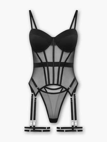 Yara Corset Bra and Thong Set in Sheer Mesh